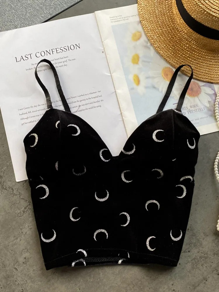 Znbbw Women Retro Velour Strap Tops Summer V Neck Sleeveless Backless Slim Tank Top Chic Print Sexy Off Shoulder Short Camis - Image 2