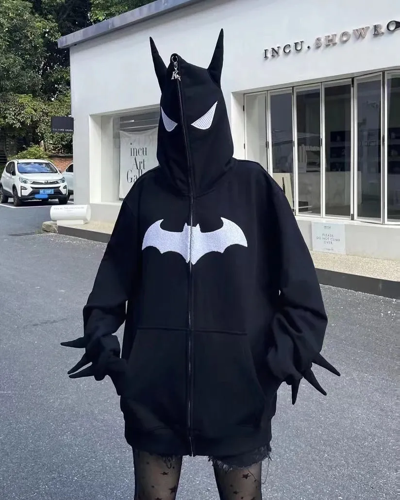 Znbbw and Winter Men's and Women's Bat Embroidery Loose Hip Hop Fashion Versatile Full Chain Hooded Cardigan Sweater - Image 5