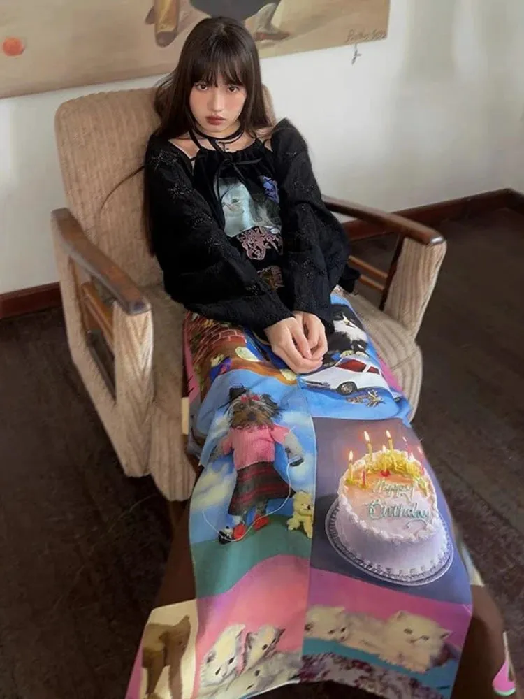 Znbbw Aesthetics Skirts for Women Cartoon Print High Waist Long Skirt Spring Summer Fashion Cute All Match Vintage Clothing - Image 6