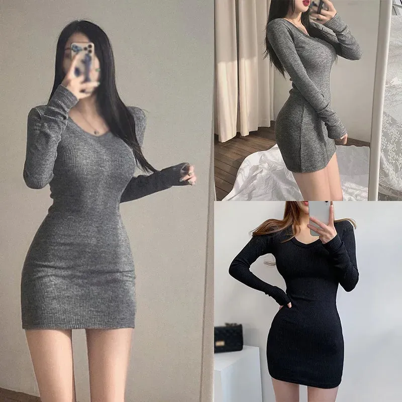 Znbbw Autumn/Winter Dress Solid V-neck Slim Fit Sexy Wrap Hip Elastic Long Sleeve Dress - Image 2
