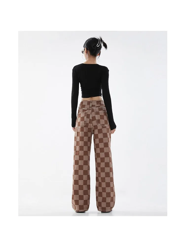 znbbw Women's Casual Vintage Plaid Wide Leg High Waist Jeans Pants 2023 Spring Hip Hop Streetwear Loose Straight Denim Trousers - Image 2