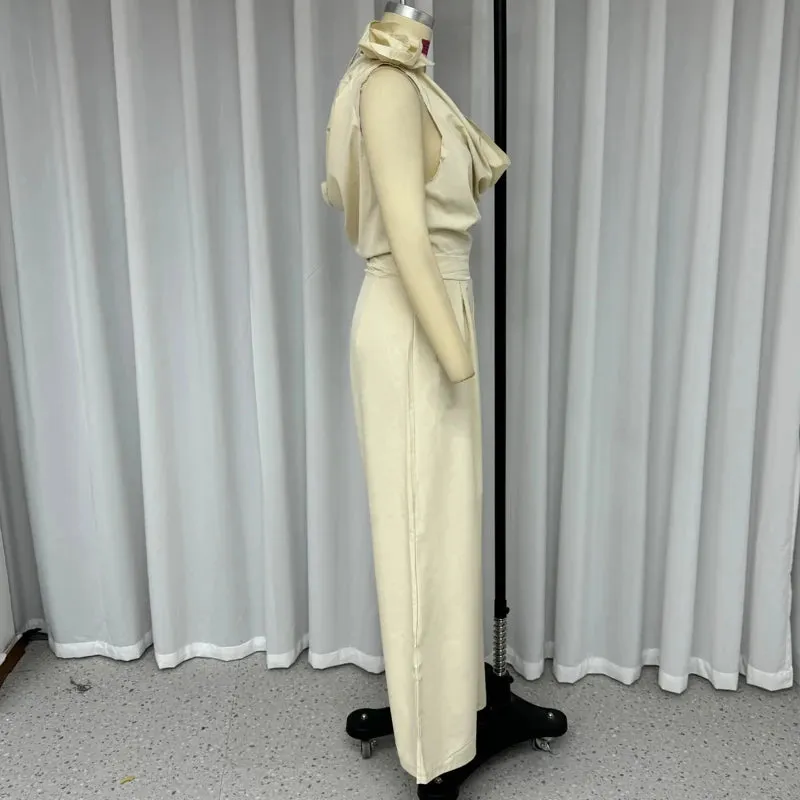 Znbbw Women Jumpsuits Summer Fashion Temperament Cowl Neck Sleeveless Solid Rose Nipped Waist Wide Leg Pants Rompers High Stree - Image 6