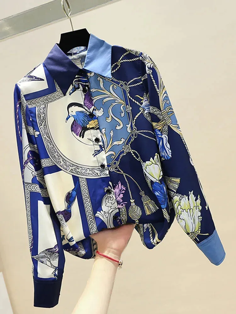 Znbbw Autumn Women's Printed Blouse Retro Contrast Shirt Female Office Lady Turn-down Collar Long-sleeved Shirt Tops GD488 - Image 7