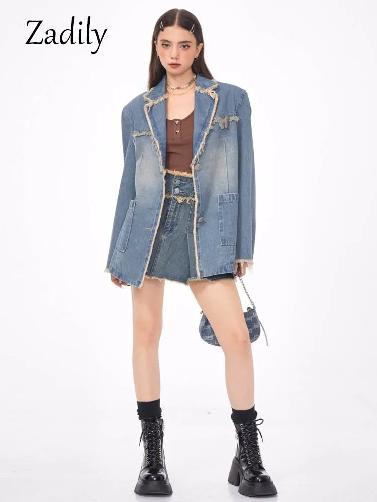 znbbw 2023 Winter Streetwear Long Sleeve Demin Blazer Women Oversize Distressed Ladies Suit Blazers Fall Female Coat Clothing - Image 7