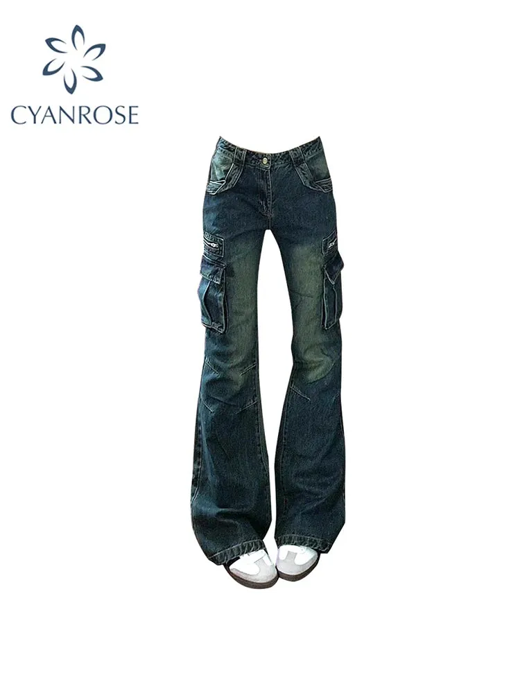 Znbbw Women's Blue Cargo Jeans Baggy Harajuku Y2k Aesthetic Streetwear Vintage Oversize Denim Trousers Jean Pants 2000s Trashy Clothes