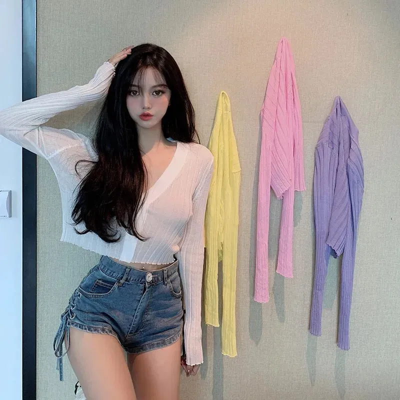 Znbbw Women's V-neck Thin Top Sunscreen Button Knitted Cardigan Short Slim Fitting Long Sleeved Cardigan - Image 5