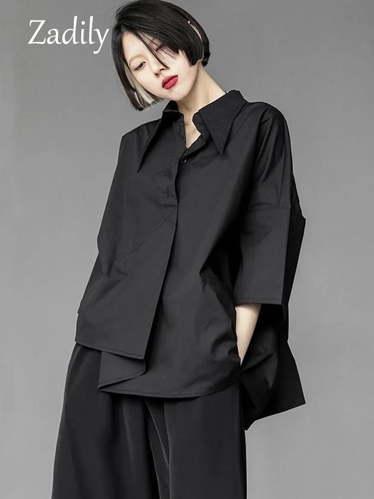 znbbw 2023 Summer New Half Sleeve Oversize Gothic Shirt Women Y2K Asymmetrical Black Button Ladies Blouse Street Clothing Tops - Image 7