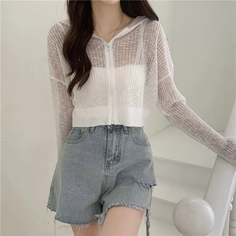 Znbbw Arrival Hoody Knitted Cardigan Girls Summer Thin Transparent Zipper Tee Shirts Women Outerwear Crop Tops - Image 7