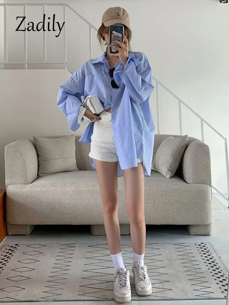 znbbw 2023 Summer Long Sleeve Women Striped Shirt Korea Style Off The Shoulder Button Loose Ladies Blouse Casual Clothing Tops - Image 3