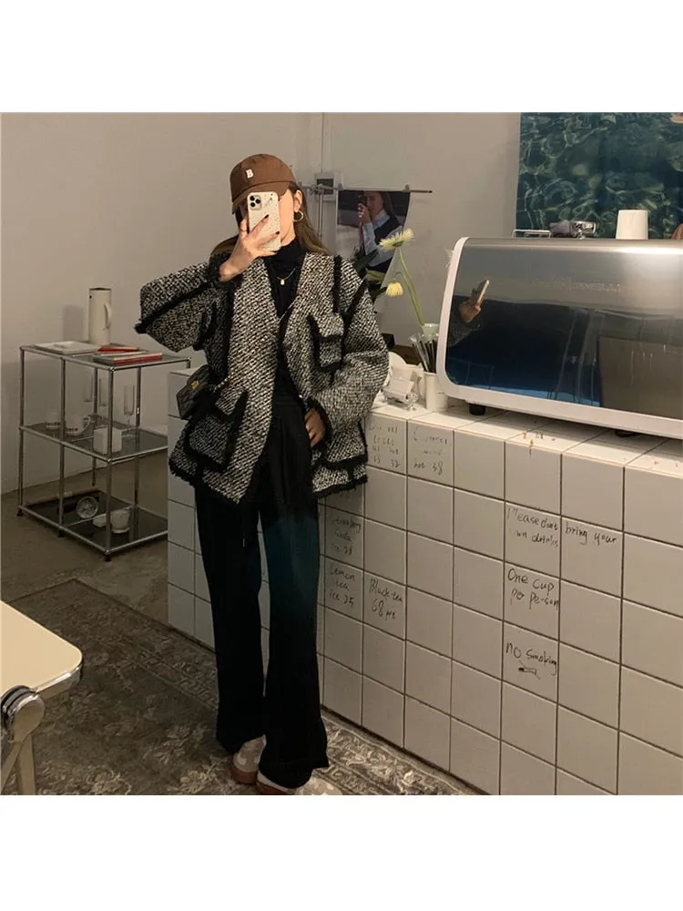 znbbw Women Woolen Tweed Coat 2023 Autumn Winter  Korean Style Sashes Waist Retro Vintage Gray Big Turn Down Collar Thicke Wool Coat - Image 4