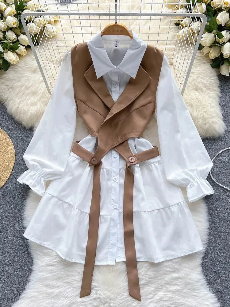 Znbbw Autumnt New Fashion Casual Suit Female Korean Loose White Shirt Short Vest Slim Girl Two-piece Set Tops Y016 - Image 2