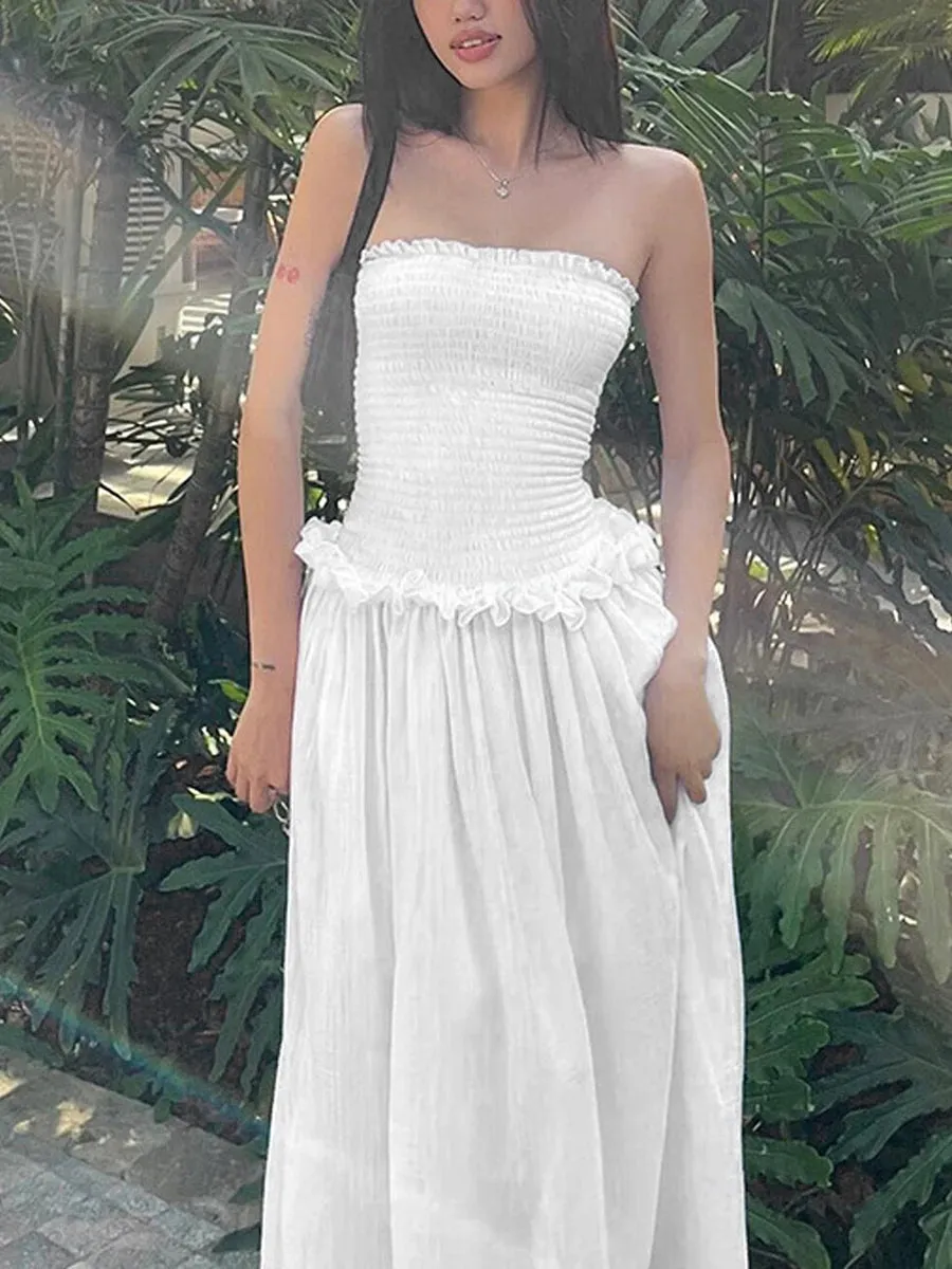 Znbbw Women Summer Off Shoulder Ruched Bust Ruffle Trim Tube Top Dress  Ruched Frills Strapless Sleeveless Party Long Dress - Image 3