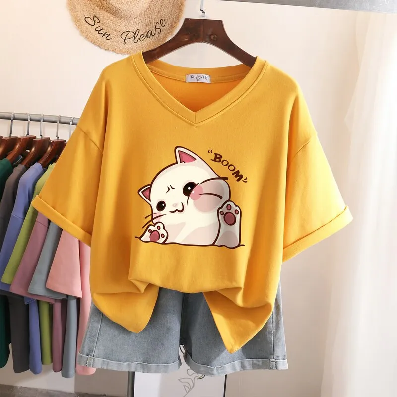 Znbbw 100% Cotton L-6XL T Shirt Plus Size Tshirt Short Sleeve Women Top Summer Cartoon Print Couple V Neck Oversized T Shirts - Image 11