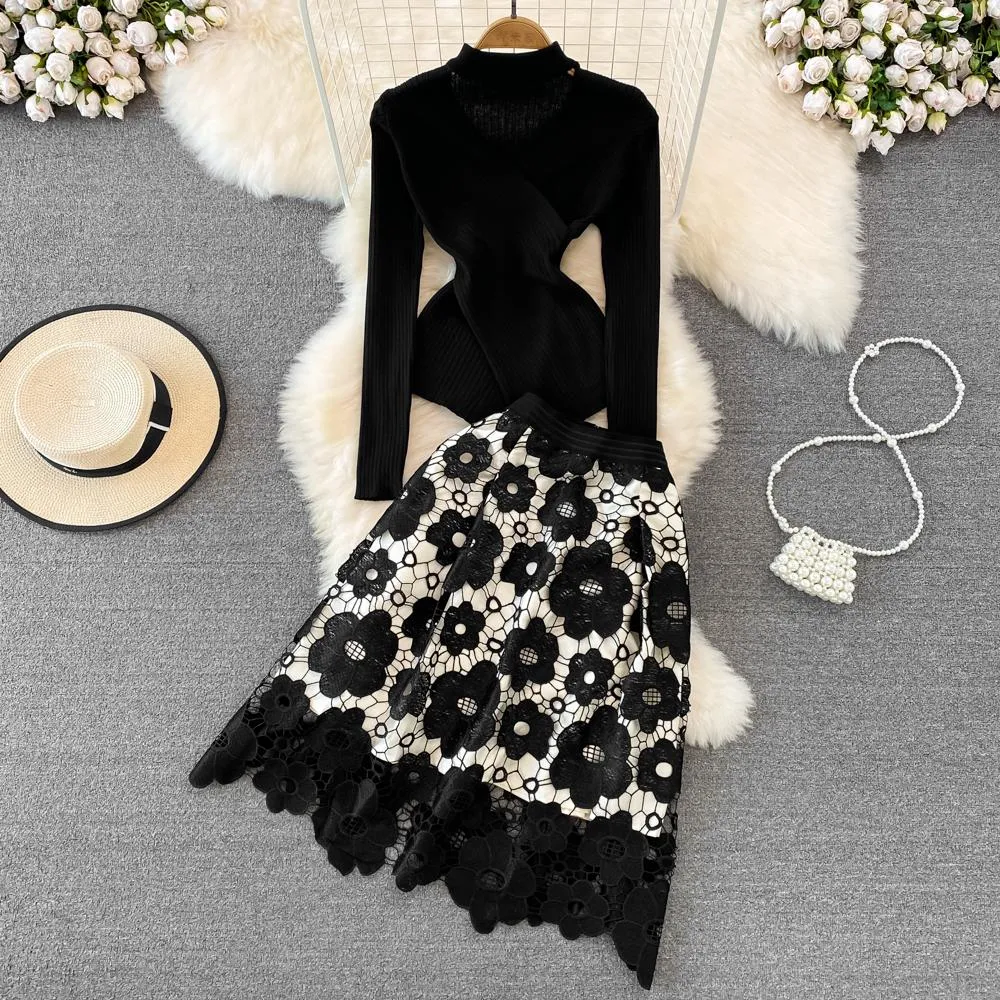 Znbbw Women Hollow Out Embroidery 2 Piece Set Long Sleeve Across Irregular Top + High Waist A-Line Skirt Sets Two Piece Set - Image 2