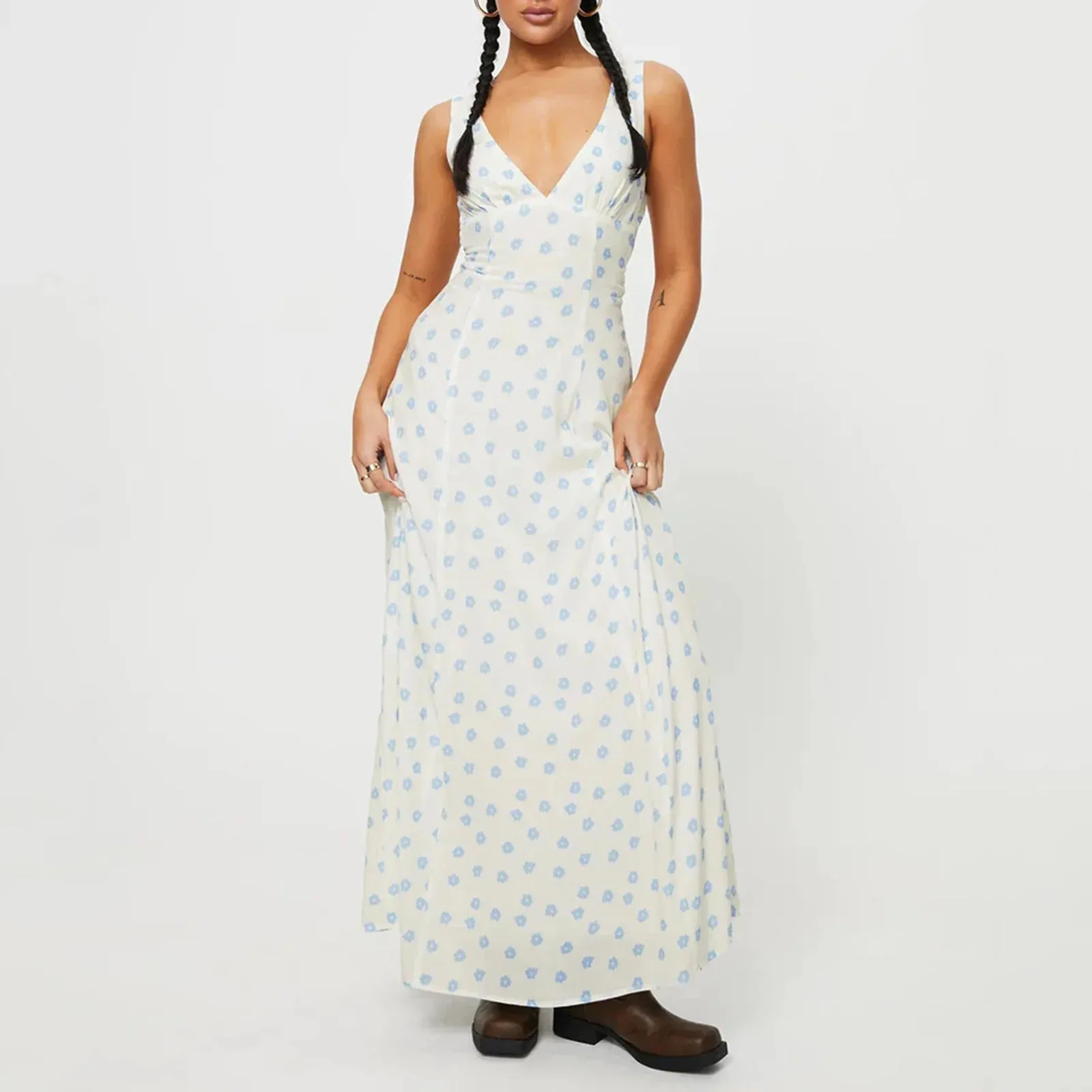 Znbbw Women y2k Aesthetic V Neck Maxi Dress Vintage Floral Print Sleeveless Backless Long Dress Bohemian Beach Midi Dress Streetwear - Image 3