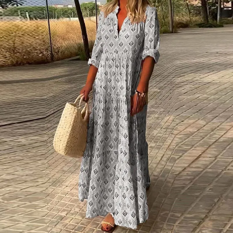 znbbw Women Long Sleeve Boho Pattern Maxi Dress Female Harajuku Fashion Pleat Dresses Vintage Casual Oversized Print Streetwear Dress - Image 7
