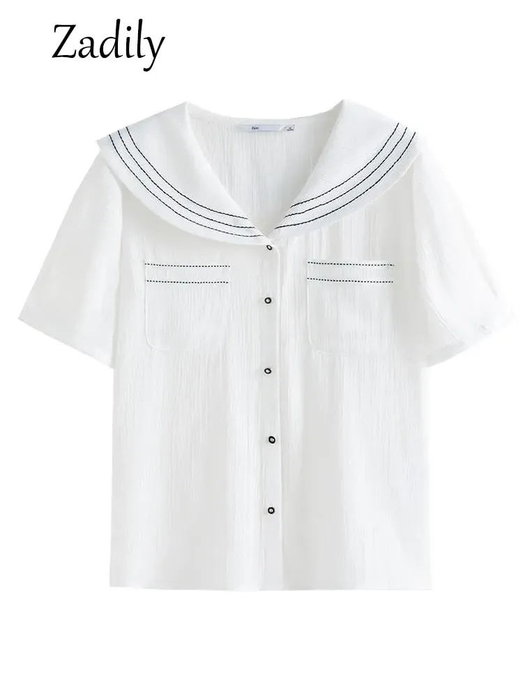 znbbw 2023 Summer French style Short Sleeve White Shirt Women Sailor Collar Solid Button Blouse Work Female Clothing Tops - Image 7
