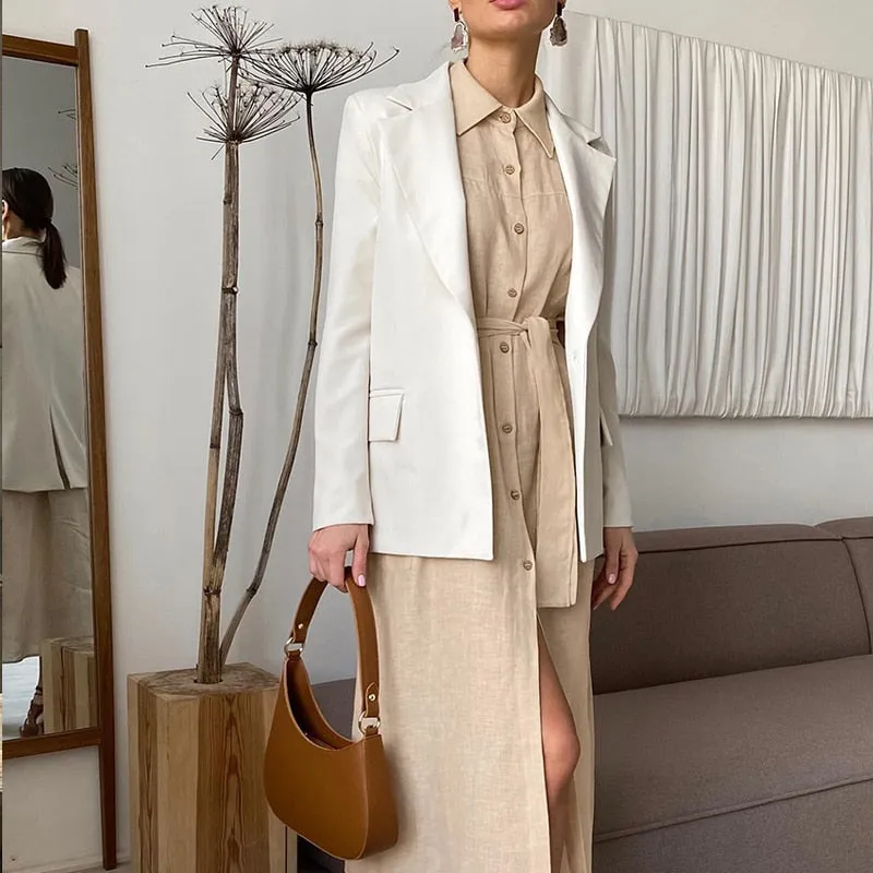 znbbw Women Lapel Single-Breasted Dress Spring Summer New Commute Holiday Cotton Linen Dress Temperament Elegant High Waist Long Dress - Image 5