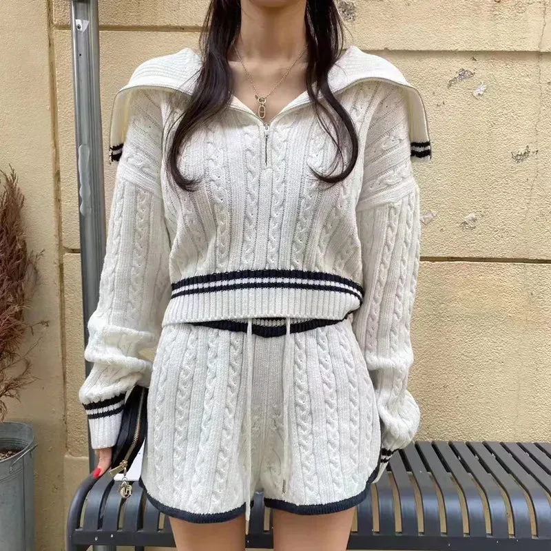 Znbbw Women Twist Knit 2 Piece Set Korean Fashion Zipper Loose Long Sleeve Tops Casual All Match Female High Waist Shorts Sets - Image 3