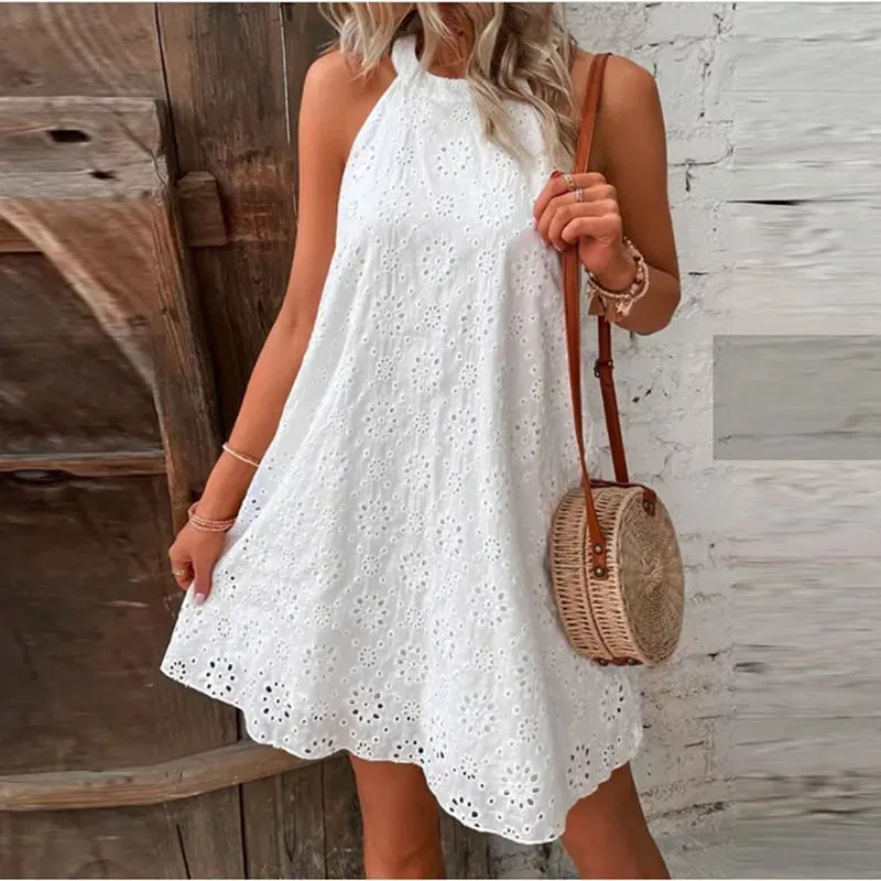Znbbw Women Flower Embroidery Dress Summer Solid Elegant Sleeveless Lace Sexy A-line Dress Female Casual Holiday Buttonless Mini Dress