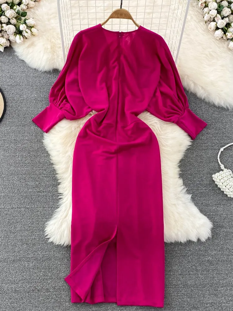 Znbbw Autumn Shirt V-neck Dress Women Korean Sexy Elegant Party Lantern Sleeves Waist Mid-length Birthday Dress for Women GD770 - Image 2