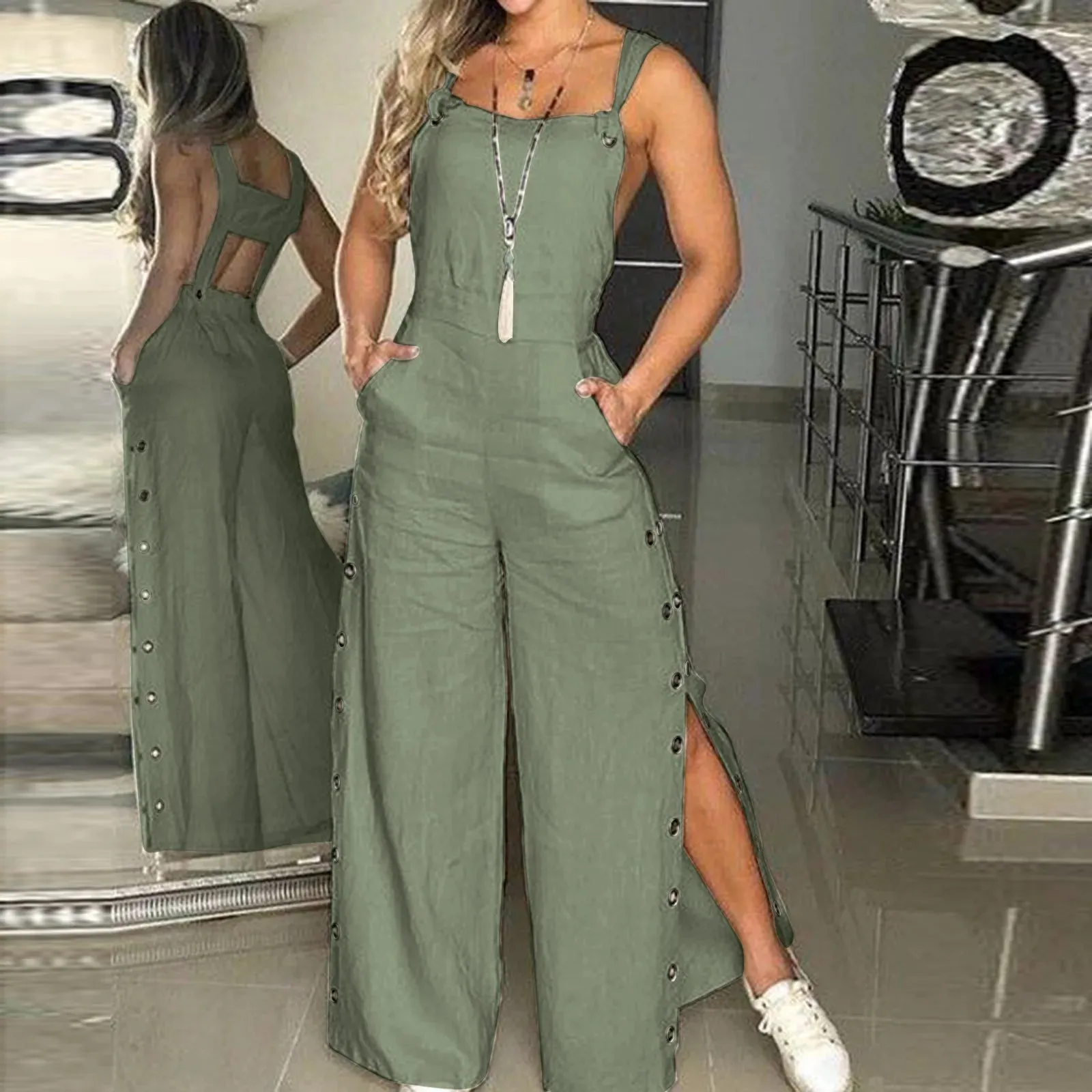 Znbbw Women's Summer Fashion Sleeveless Jumpsuits Elegant Twisted Knot Cotton Linen Wide Leg Pant Rompers Loose Womens Jumpsuit - Image 5