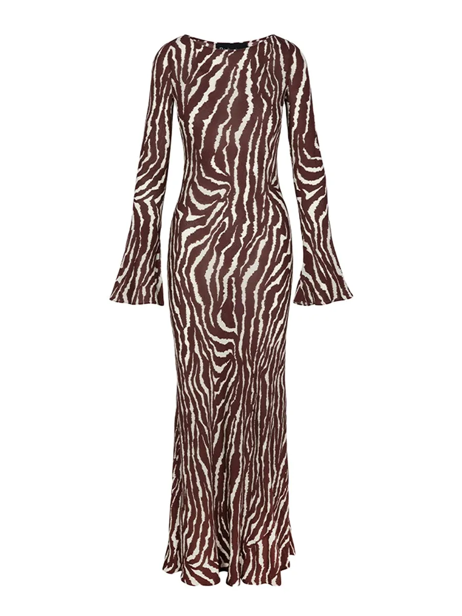 Znbbw Women Spring Autumn Maxi Dresses Zebra/Floral Print Long Flared Sleeve Round Neck Slim 2000s Aesthetic Long Dress Streetwear - Image 8