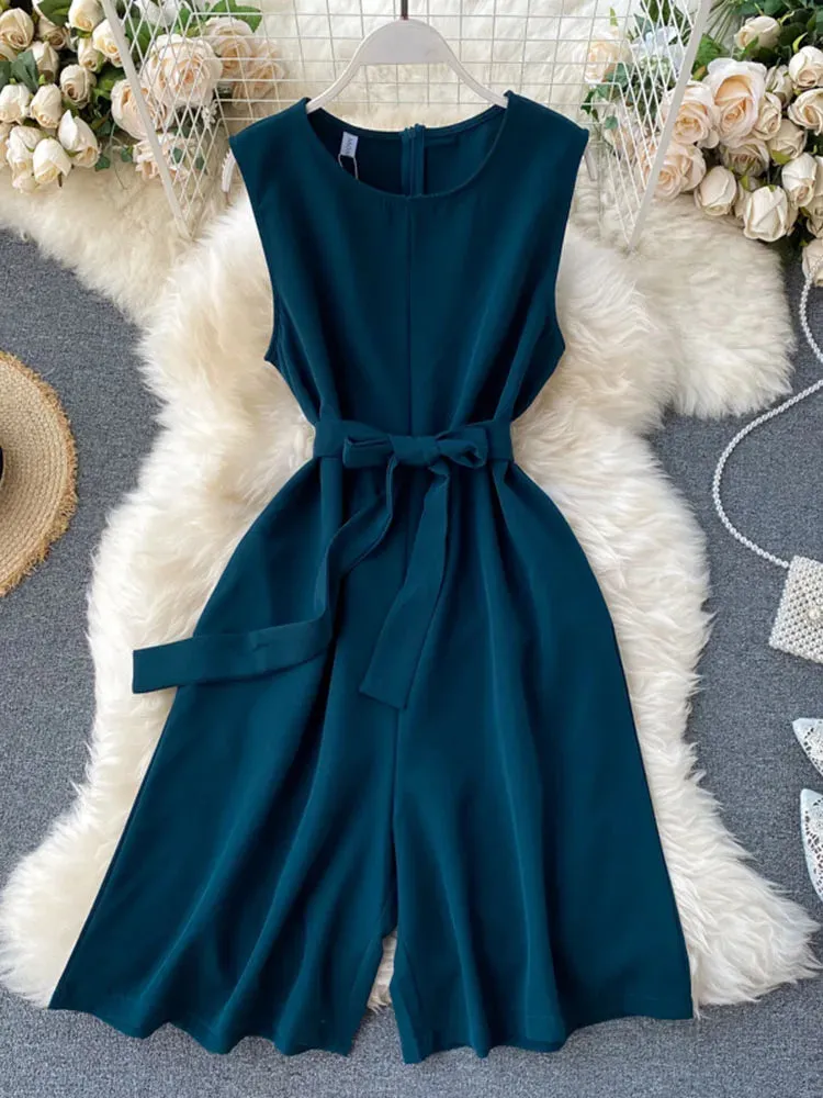 Znbbw Women's Jumpsuit Commuter Pure Color Sleeveless Jumpsuit Women's New Simple Pure Color Wide Leg Short Jumpsuit LL033 - Image 2