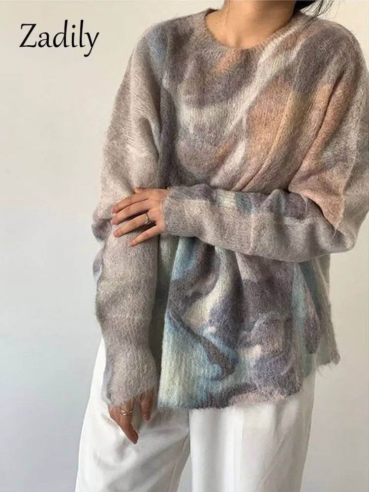 znbbw 2023 Winter Korean style Long Sleeve tie dye Sweater Women Casual Loose O Neck Ladies Pullover Fall Female Clothing Tops - Image 6