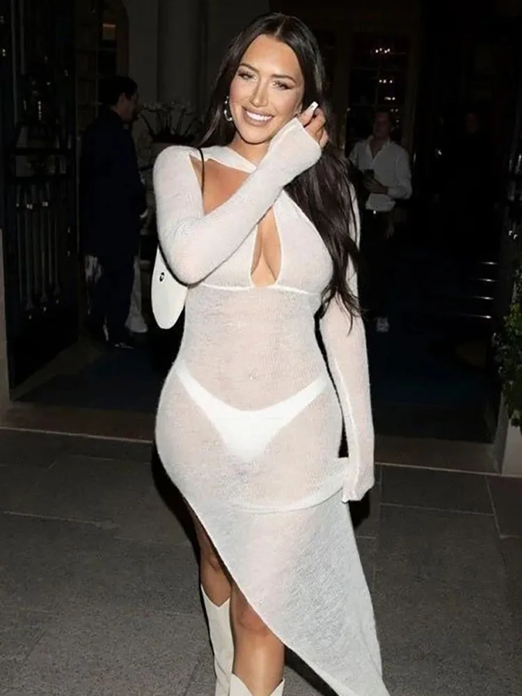 Znbbw Backless Cut Out Off Shoulder Long Sleeve Maxi Dress Women Mesh See Through Casual Party Vestidos 2023 Spring Fall - Image 2