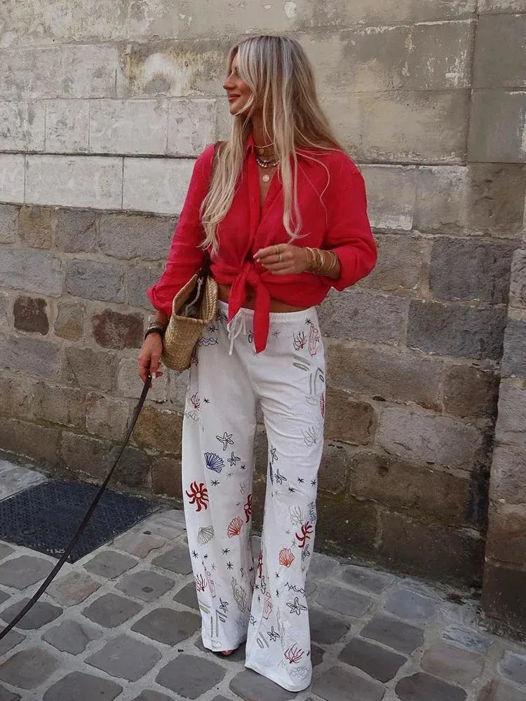 Znbbw Autumn Embroidery Women Cotton Long Pants Drawstring Casual Wide Leg White Trousers 2024 Boho Marine Organism Pants - Image 6