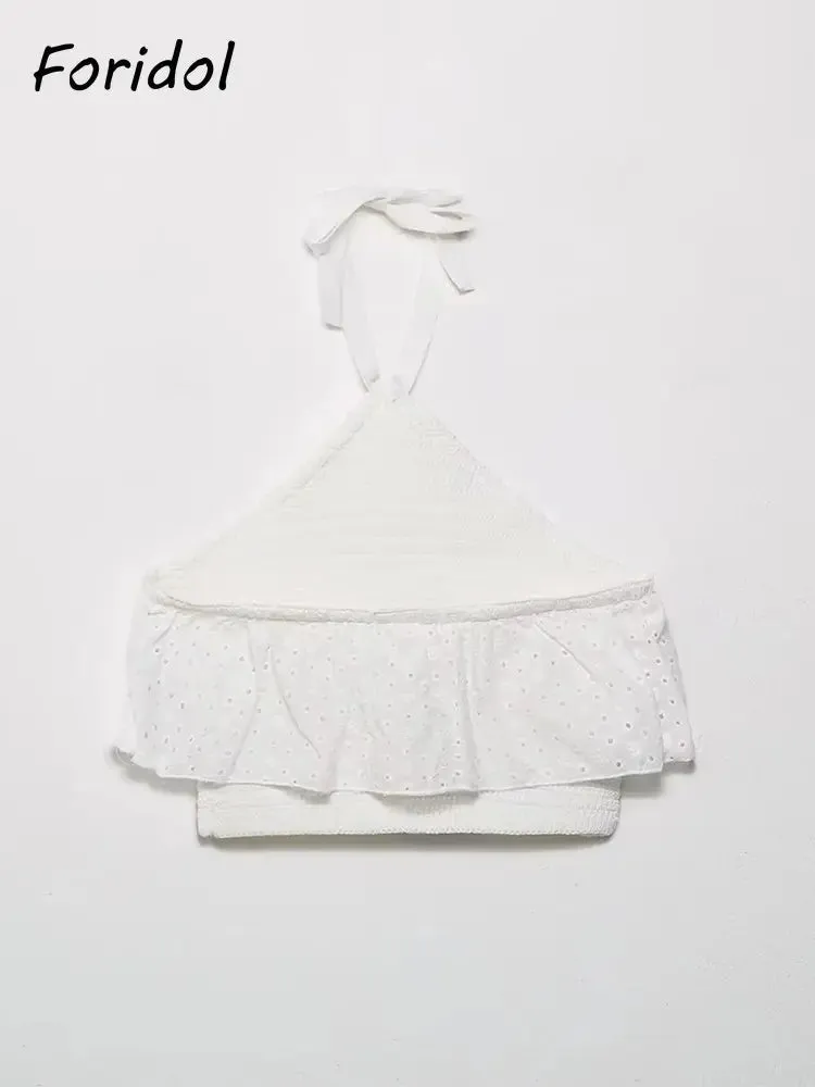 Znbbw Women Yellow Lace Halter Sexy Top Knitted Elastic Ruffles Hollow Out White Crop Top Summer Autumn Cotton Camis 2024 - Image 6