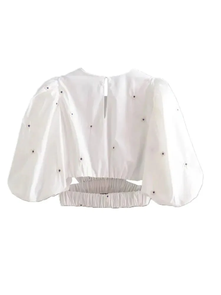 Znbbw ZBZA 2023 Sweet Fashion Floral Embroidery Cropped Blouses Vintage Puff Sleeve Hollow Out Female Shirts Chic Tops 202303 - Image 7