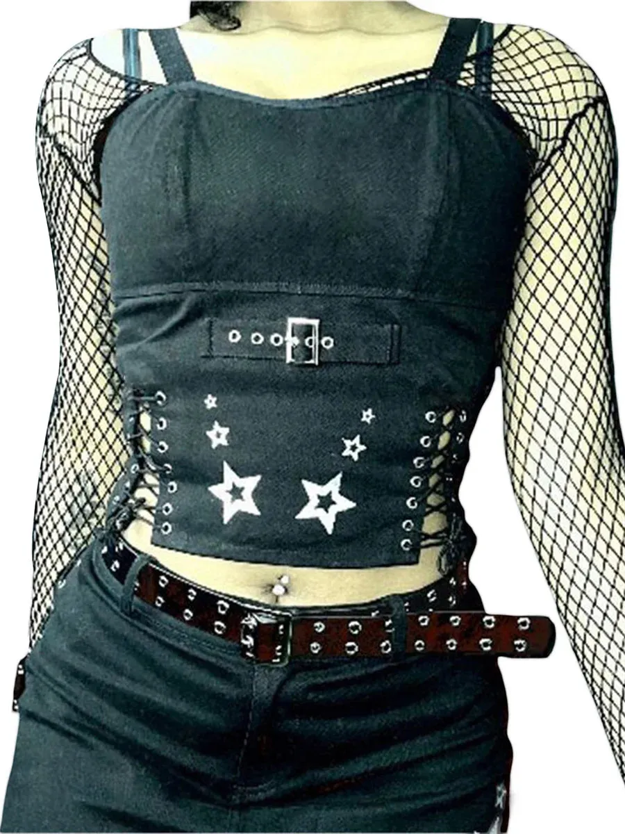 Znbbw Women Tank Tops Summer Gothic Punk Style Casual Star Print Bandage Crop Tops for Streetwear Club Wear - Image 3
