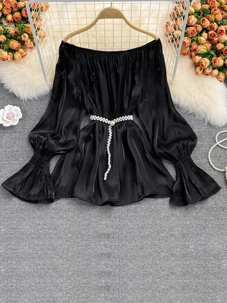 Znbbw Autumn Women's Mid-length Chiffon Blouse with Waistline Neckline Flared Sleeve Shirt Women GD610 - Image 5