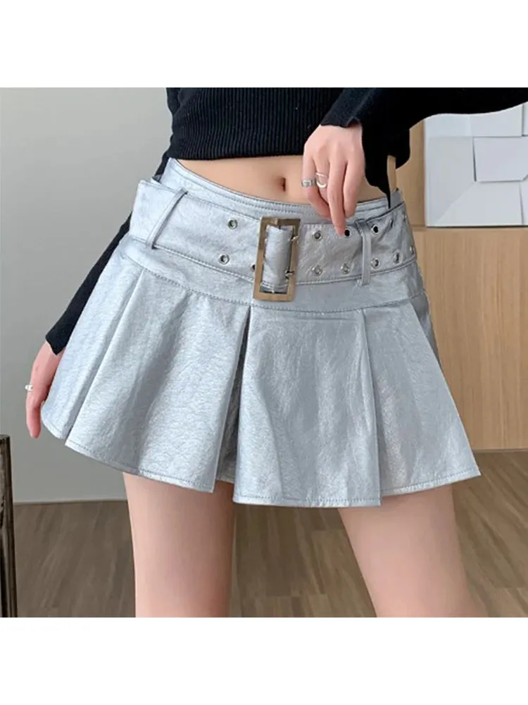 Znbbw Women Leather Skirts Vintage Female Streetwear Korean High Waist Fashion Y2k Black Gothic Punk Silver A-line Pleated Mini Skirt - Image 3