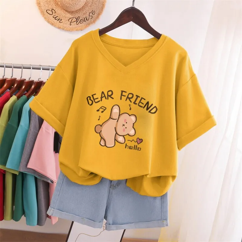 Znbbw 100% Cotton L-5XL Plus Size T Shirt Bunny Print V Neck Tshirt Short Sleeve Women Top Basic Summer Couple Solid T Shirts - Image 6