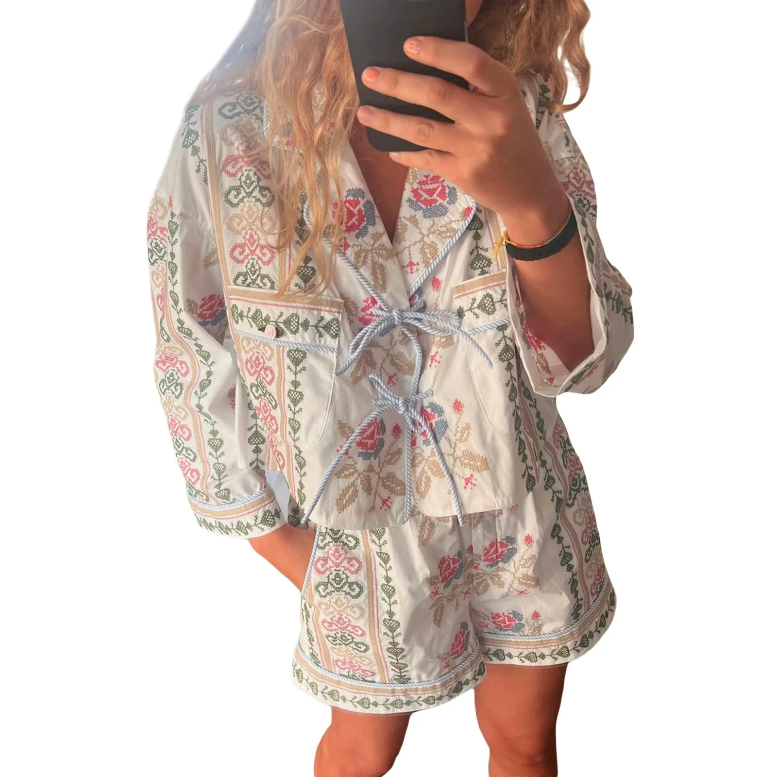 Znbbw Women y2k Aesthetic Tie Front 2 Piece Clothes Sets Floral Print Long Sleeve Elegant Shirts Tops Loose Shorts Loungewear Outfits - Image 9