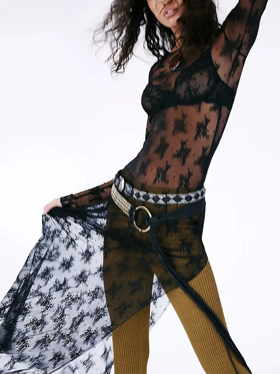 Znbbw Women??s See-Through Lace Dress Long Sleeve Slit Hem Dress Chemise Vacation sexy robe nightclub girls tight clothes - Image 5