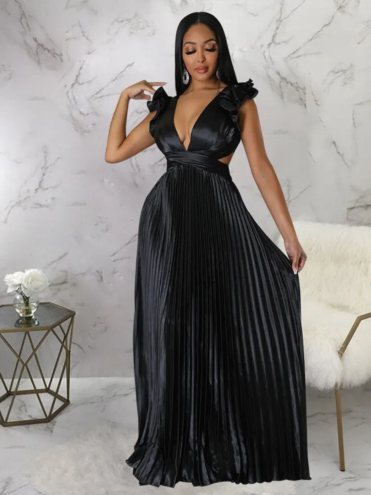 Znbbw Women Solid Backless Elegant Long Dresses V-neck Pleated A-line Sexy Frock 2023 Spring Summer Evening Party Casual Style Dress - Image 3