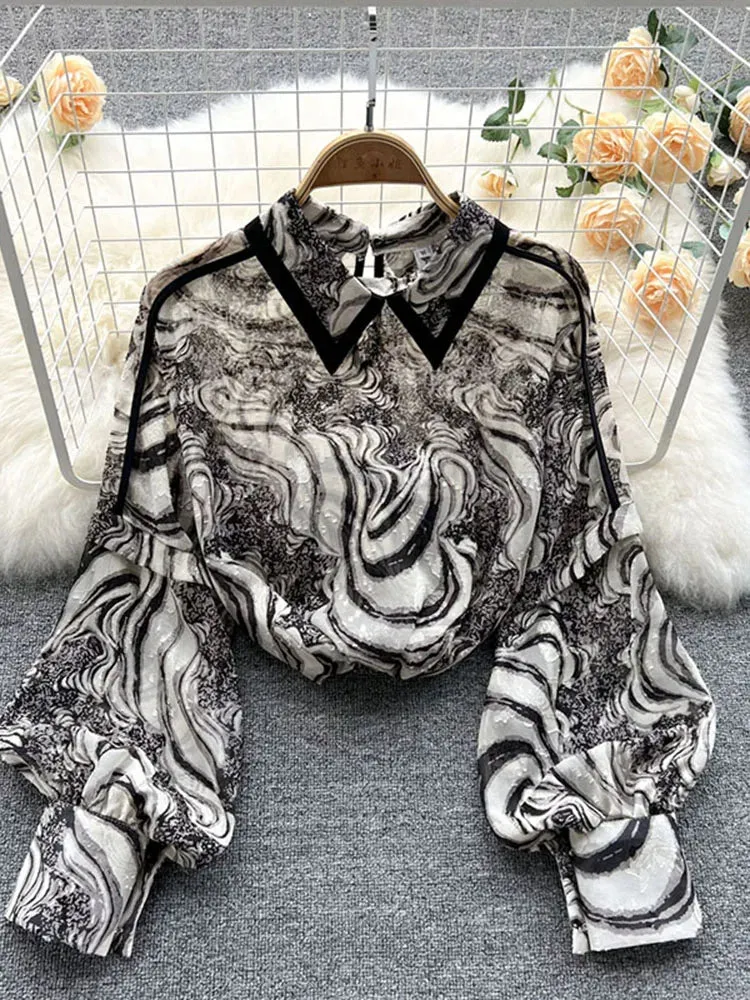 Znbbw Autumn Puff Sleeve Shirts Blouse Women Floral Long Sleeve Lapel Buttons Vintage Shirts Elegant Blouses Tops Female GD631 - Image 2