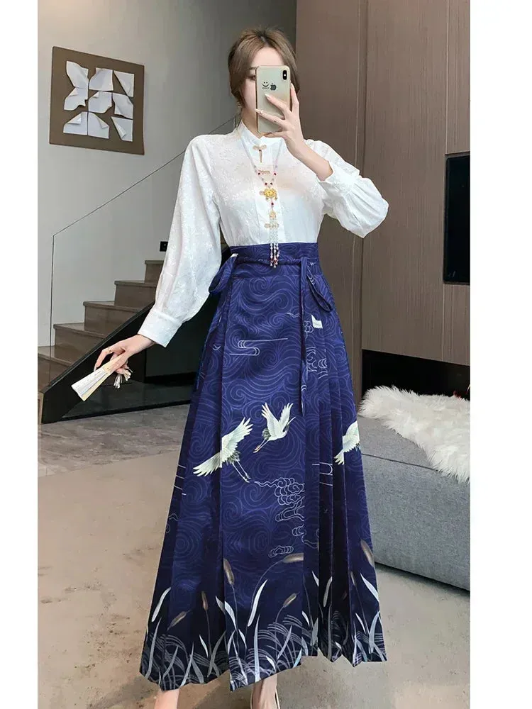 Znbbw Women Spring Autumn New Chinese Style Printing Leisure Time Temperament Hanfu Horse Face Skirt Satin Fabric Long Skirt  D5322 - Image 2