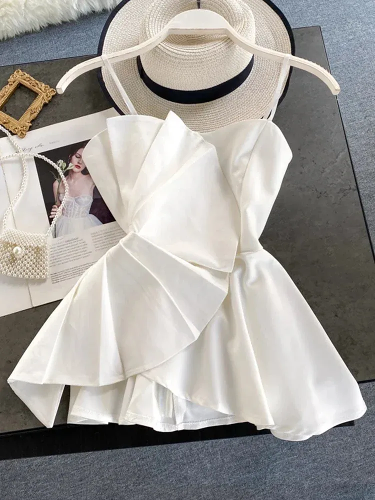 Znbbw Women's Blouse Korean Style Solid Color Ruffled Irregular Sling Shirt New Pleated Waist Sling Suspender Tops LL957