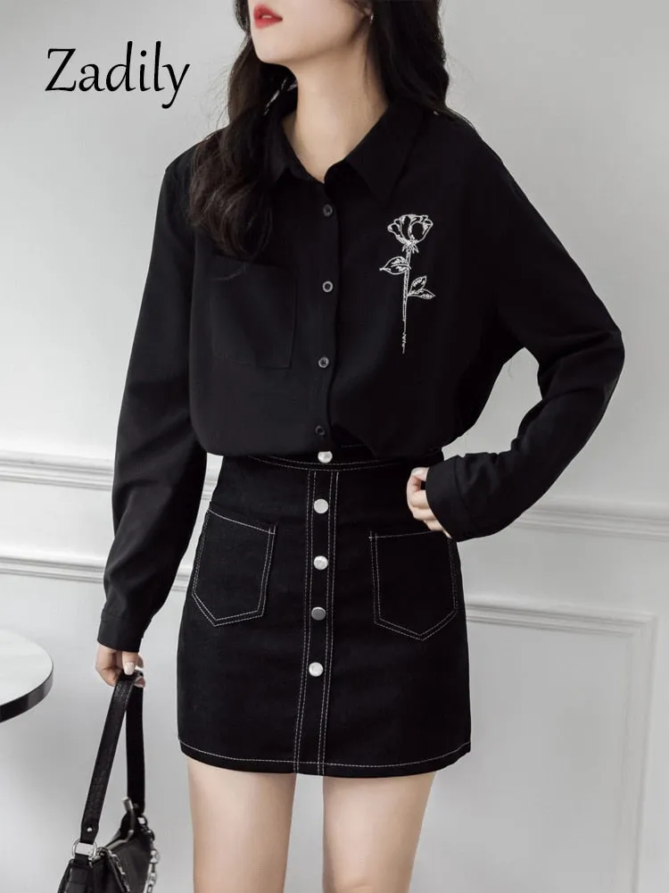 znbbw 2023 Summer Office Lady Long Sleeve Women Black Shirt Korea Style Floral Print Button Ladies Blouse Work Clothing Tops - Image 4