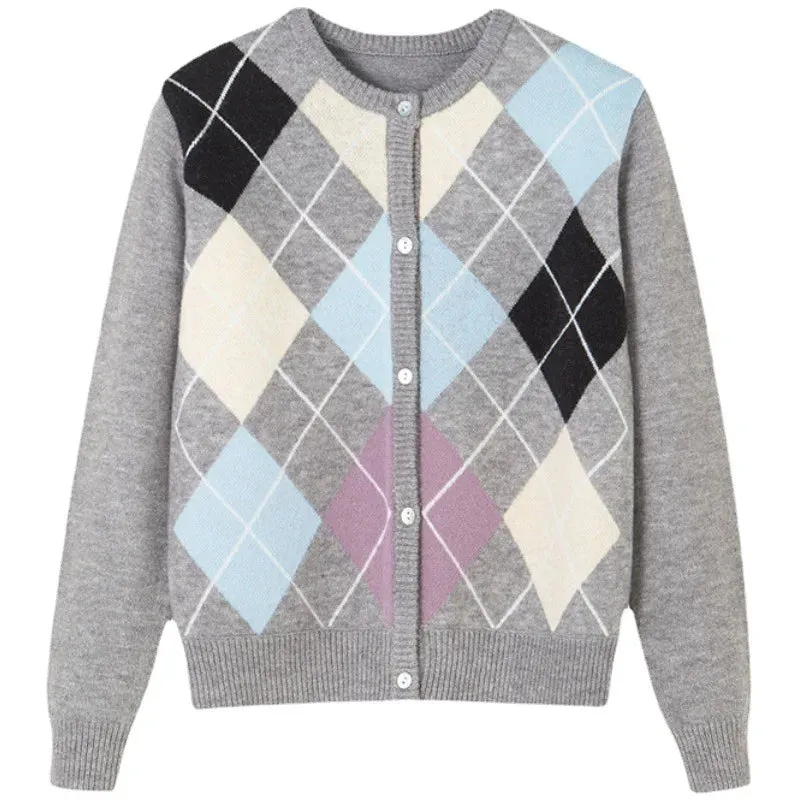 Znbbw Autumn And Winter Fashion Ladies New Knitted Cardigan Loose Korean Retro Round Neck Plaid Sweater Women's All-match Blouse - Image 6