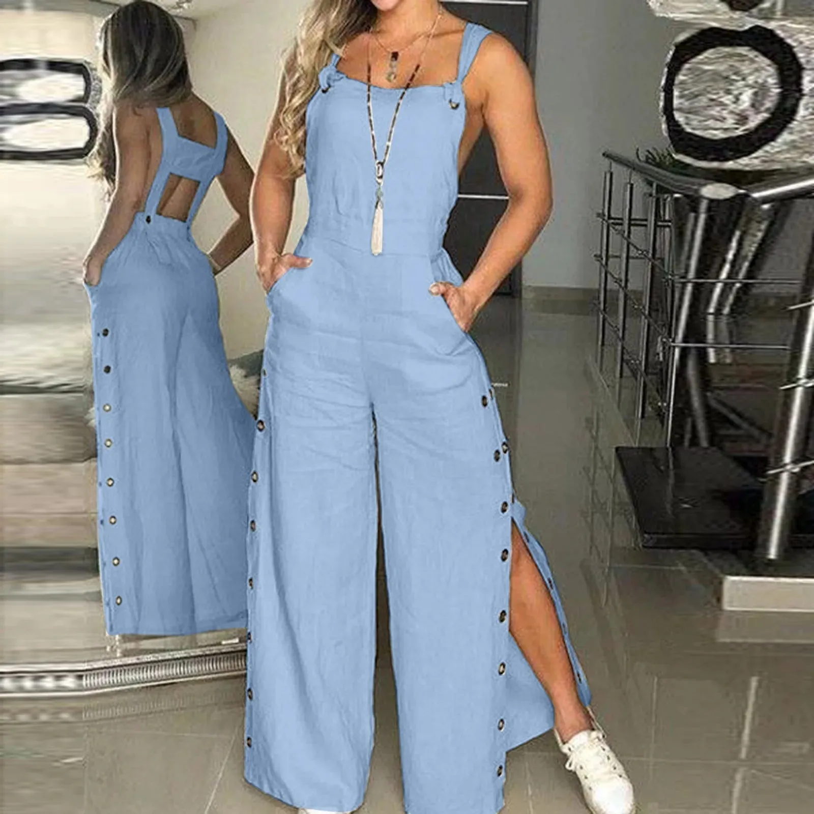 Znbbw Women's Summer Fashion Sleeveless Jumpsuits Elegant Twisted Knot Cotton Linen Wide Leg Pant Rompers Loose Womens Jumpsuit - Image 8