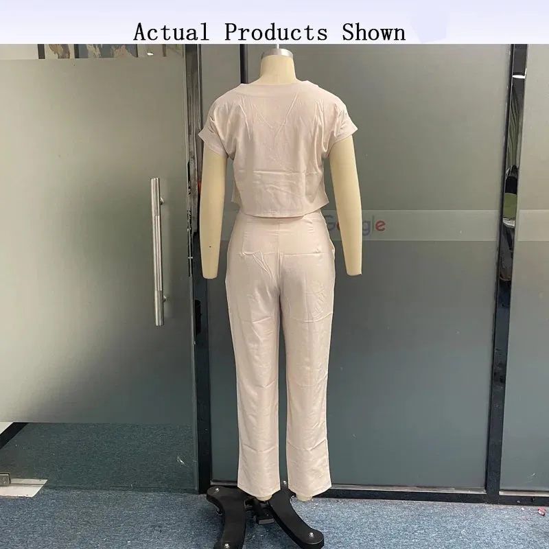 Znbbw 2 Piece Set Women Autumn Casual Solid V Neck Short Sleeve Pullover Top Loose With Pockets Pants Sets Loungwear For Female - Image 5