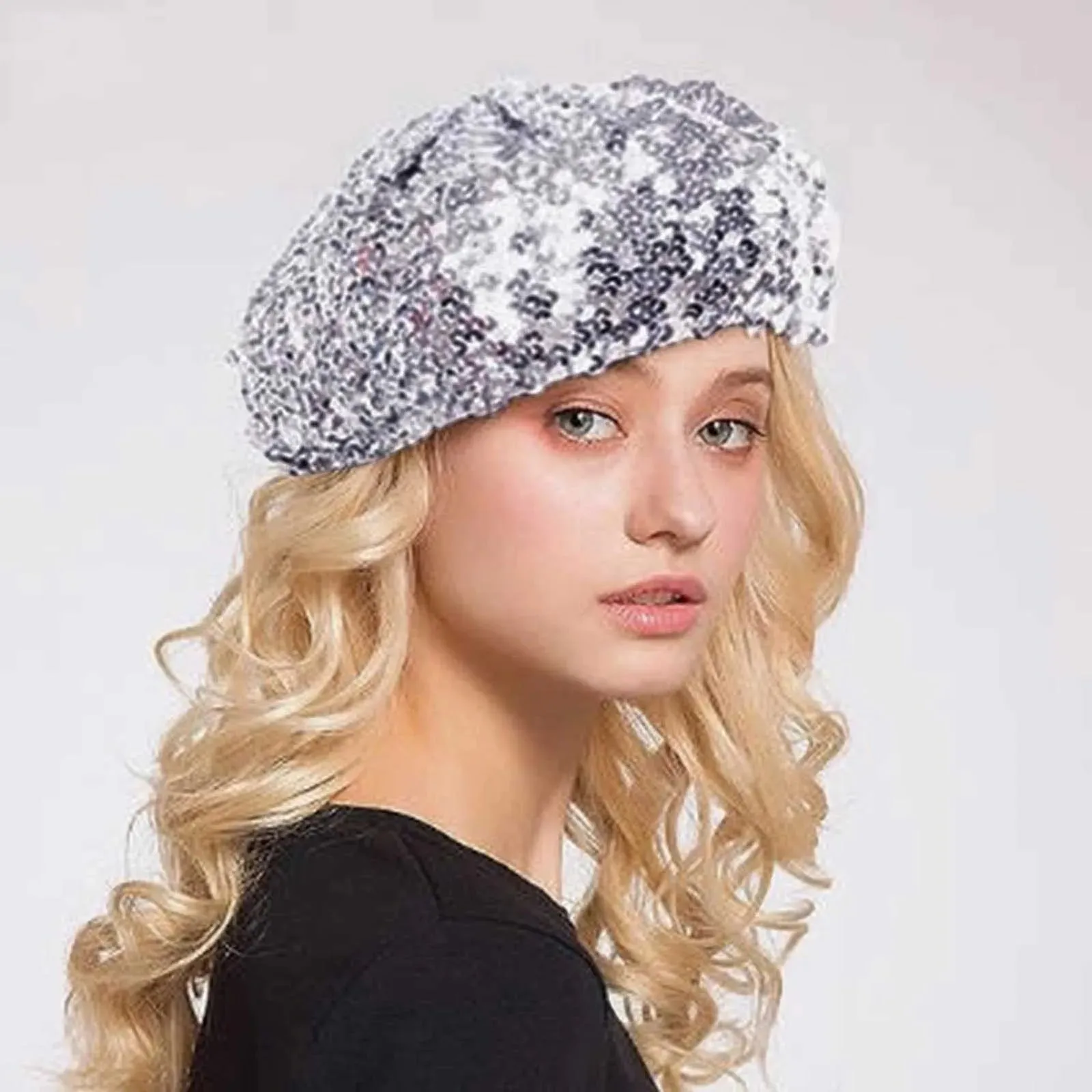Znbbw Women Fashion Sparkling Sequins Beret Colorful Cap Nightclub Dress Hat Gold Silver Hot Pink Vocal Concert Tour Berets 2024