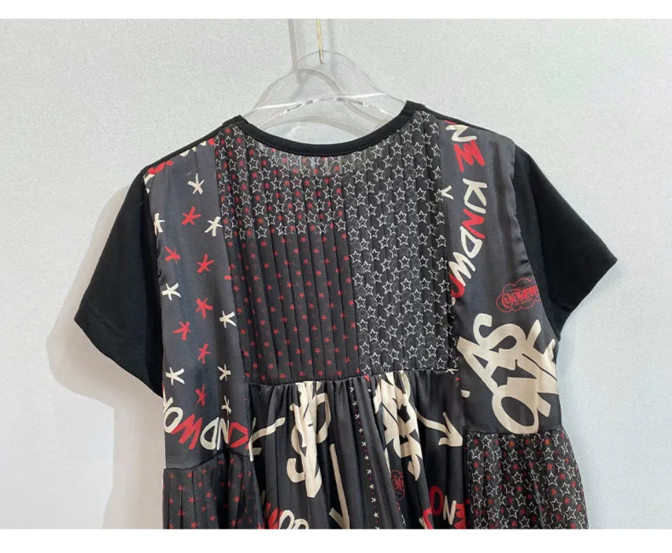 Znbbw 2024 Summer Pleated Printed Tees O Neck Short-sleeved Y2k Tops Loose Casual Ropa Mujer Hit Color Fake Two T Shirt - Image 6