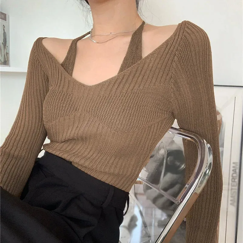 Znbbw Womens Knit Sweater Long Sleeve Off Shoulder Halter Neck Tops Sexy Pullover Casual Loose Blouse Jumper Sweaters - Image 7